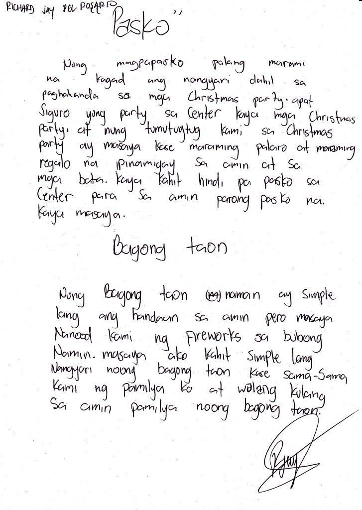 Xmas articles written by some of our Center Children