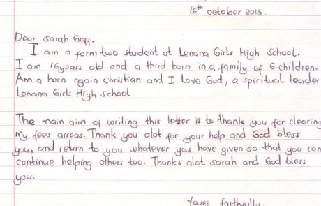 Dorcas Kwamboka thank you ltr Caroline Lenana Oct 2015